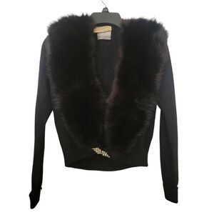 Jai Gee Novelty Co Vintage Wool Fur Collar Women Black Cardigan Size S